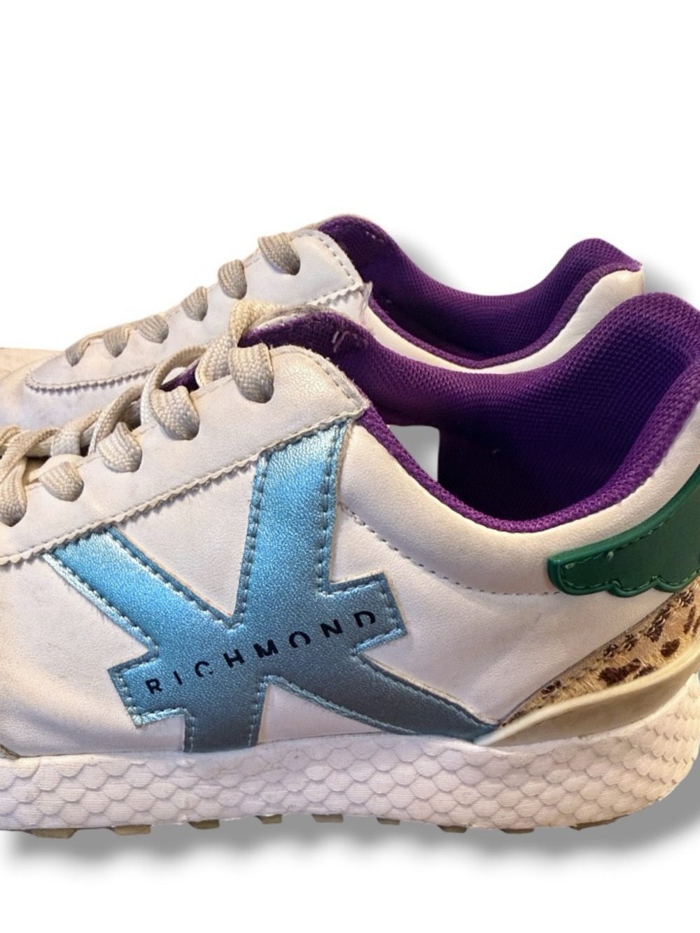 John Richmond White/Celeste/Purple/Green Color Block Leather Sneaker Size 38 - Picture 3 of 9